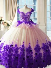 Brush Train Ball Gowns Quinceanera Gown White And Purple Scoop Tulle Sleeveless Zipper