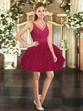 Wine Red Ball Gowns V-neck Sleeveless Tulle Mini Length Backless Ruffles Womens Party Dresses