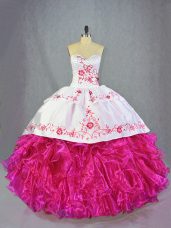 Sweetheart Sleeveless Vestidos de Quinceanera Brush Train Beading and Embroidery and Ruffles Hot Pink Organza