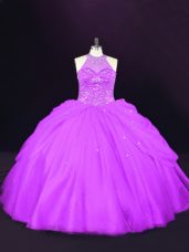 Spectacular Purple 15 Quinceanera Dress Sweet 16 and Quinceanera with Beading Halter Top Sleeveless Lace Up