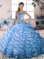 Fabulous Blue Sweetheart Neckline Beading and Ruffles Sweet 16 Dress Sleeveless Lace Up