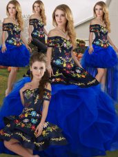 Fine Royal Blue Tulle Lace Up Off The Shoulder Sleeveless Floor Length Quinceanera Dresses Embroidery and Ruffles