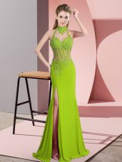 Green Chiffon Backless Halter Top Sleeveless Floor Length Prom Dresses Lace and Appliques