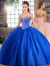 Brush Train Ball Gowns Sweet 16 Dress Blue Sweetheart Tulle Sleeveless Lace Up