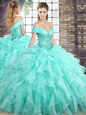 Dramatic Off The Shoulder Sleeveless Organza Quinceanera Gowns Beading and Ruffles Brush Train Lace Up