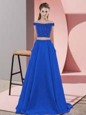 Popular Royal Blue Off The Shoulder Neckline Beading Prom Dress Sleeveless Backless