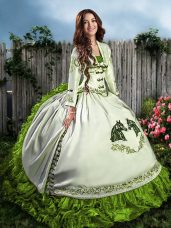 Sweetheart Sleeveless Quinceanera Dresses Floor Length Embroidery and Ruffles Olive Green Organza