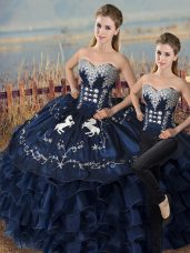 Two Pieces 15 Quinceanera Dress Navy Blue Sweetheart Satin and Organza Sleeveless Floor Length Lace Up