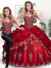 Wine Red Lace Up Sweetheart Beading and Appliques and Pick Ups Quince Ball Gowns Organza Sleeveless