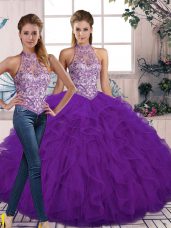 Colorful Purple Lace Up Quince Ball Gowns Beading and Ruffles Sleeveless Floor Length