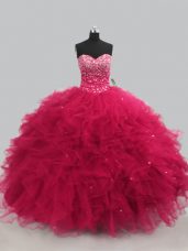 Hot Pink Sweetheart Lace Up Beading and Ruffles Ball Gown Prom Dress Sleeveless