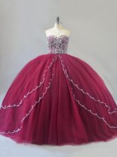 Sweetheart Sleeveless Tulle Quinceanera Gowns Beading Brush Train Lace Up