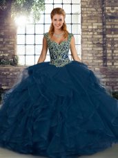 Straps Sleeveless 15 Quinceanera Dress Floor Length Beading and Ruffles Blue Tulle