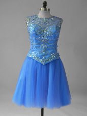 Sleeveless Tulle Mini Length Lace Up Celebrity Dresses in Blue with Beading and Sequins