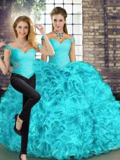Elegant Aqua Blue Two Pieces Organza Off The Shoulder Sleeveless Beading and Ruffles Floor Length Lace Up Sweet 16 Dress