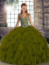 Fantastic Olive Green Ball Gowns Beading and Ruffles Quinceanera Dress Lace Up Organza Sleeveless Floor Length