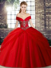 Hot Sale Red Sleeveless Tulle Brush Train Lace Up 15 Quinceanera Dress for Military Ball and Sweet 16 and Quinceanera