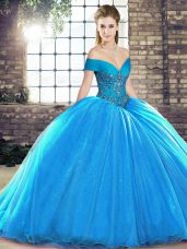 Brush Train Ball Gowns Quince Ball Gowns Blue Off The Shoulder Organza Sleeveless Lace Up