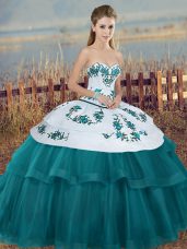 Teal Quinceanera Dresses Military Ball and Sweet 16 and Quinceanera with Embroidery and Bowknot Sweetheart Sleeveless Lace Up