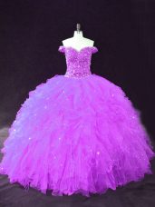 Best Purple Ball Gowns Tulle Off The Shoulder Sleeveless Beading and Ruffles Floor Length Lace Up Sweet 16 Dresses