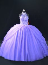 Amazing Ball Gowns Quince Ball Gowns Lavender Halter Top Tulle Sleeveless Floor Length Lace Up