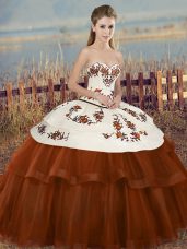 Brown Ball Gowns Tulle Sweetheart Sleeveless Embroidery and Bowknot Floor Length Lace Up Sweet 16 Quinceanera Dress