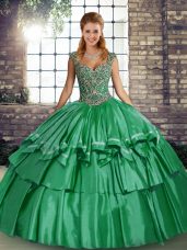 Green Sleeveless Beading and Ruffled Layers Floor Length Quinceanera Dress