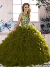 Olive Green Sleeveless Floor Length Beading and Ruffles Lace Up Sweet 16 Quinceanera Dress