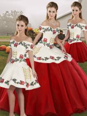 White And Red Sleeveless Floor Length Embroidery Lace Up Sweet 16 Quinceanera Dress
