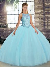 Embroidery Sweet 16 Quinceanera Dress Aqua Blue Lace Up Sleeveless Floor Length
