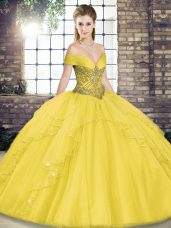 Gold Ball Gowns Tulle Off The Shoulder Sleeveless Beading and Ruffles Floor Length Lace Up Quinceanera Gowns