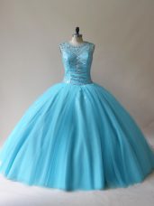 Floor Length Lace Up Ball Gown Prom Dress Baby Blue for Sweet 16 and Quinceanera with Beading