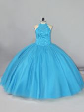 Fitting Aqua Blue Ball Gowns Halter Top Sleeveless Tulle Brush Train Lace Up Beading and Lace 15th Birthday Dress