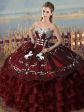 Custom Design Burgundy Sleeveless Embroidery and Ruffles Floor Length 15th Birthday Dress