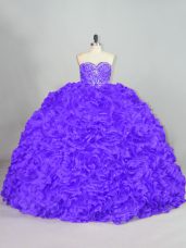 Purple Lace Up Sweetheart Beading Quinceanera Gowns Fabric With Rolling Flowers Sleeveless Court Train