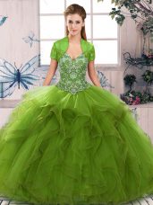 Custom Fit Olive Green Off The Shoulder Neckline Beading and Ruffles Sweet 16 Quinceanera Dress Sleeveless Lace Up