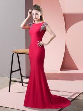 High-neck Short Sleeves Elastic Woven Satin Prom Gown Beading Brush Train Backless