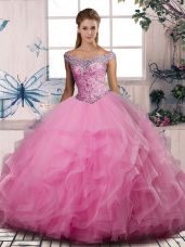 Off The Shoulder Sleeveless Lace Up Sweet 16 Dress Rose Pink Tulle