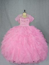 Glorious Baby Pink Ball Gowns Sweetheart Sleeveless Organza Floor Length Lace Up Beading and Ruffles Quinceanera Gowns