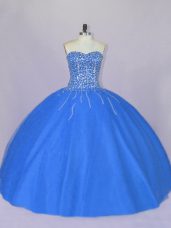 Sweetheart Sleeveless Tulle Quince Ball Gowns Beading Lace Up