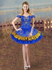 Glittering Royal Blue Off The Shoulder Neckline Embroidery Pageant Dress for Girls Sleeveless Lace Up