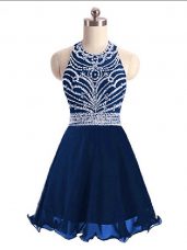 Navy Blue Lace Up Beading Sleeveless Mini Length