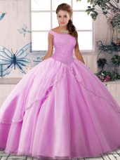 Top Selling Lilac Off The Shoulder Neckline Beading 15th Birthday Dress Sleeveless Lace Up