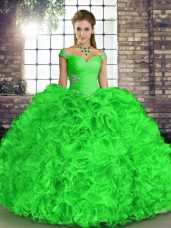 Green Sweet 16 Quinceanera Dress Military Ball and Sweet 16 and Quinceanera with Beading and Ruffles Off The Shoulder Sleeveless Lace Up