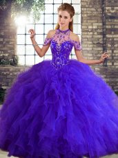 Enchanting Purple Tulle Lace Up Halter Top Sleeveless Floor Length Quinceanera Gowns Beading and Ruffles