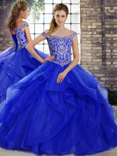 Perfect Tulle Off The Shoulder Sleeveless Brush Train Lace Up Beading and Ruffles Ball Gown Prom Dress in Royal Blue