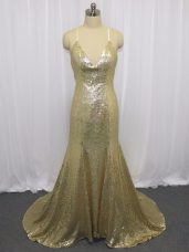 Unique Champagne Prom Dress Sequined Brush Train Sleeveless Sequins