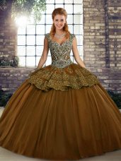 Brown Lace Up 15th Birthday Dress Beading and Appliques Sleeveless Floor Length