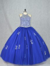 Floor Length Lace Up 15 Quinceanera Dress Blue for Sweet 16 and Quinceanera with Beading