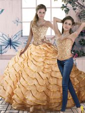 Delicate Gold Sweetheart Lace Up Beading and Ruffled Layers Vestidos de Quinceanera Brush Train Sleeveless